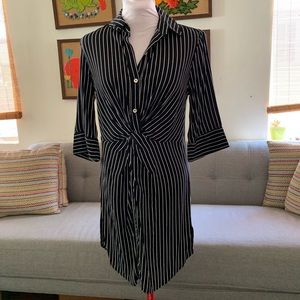 Black striped shirt dress, twist in front detail